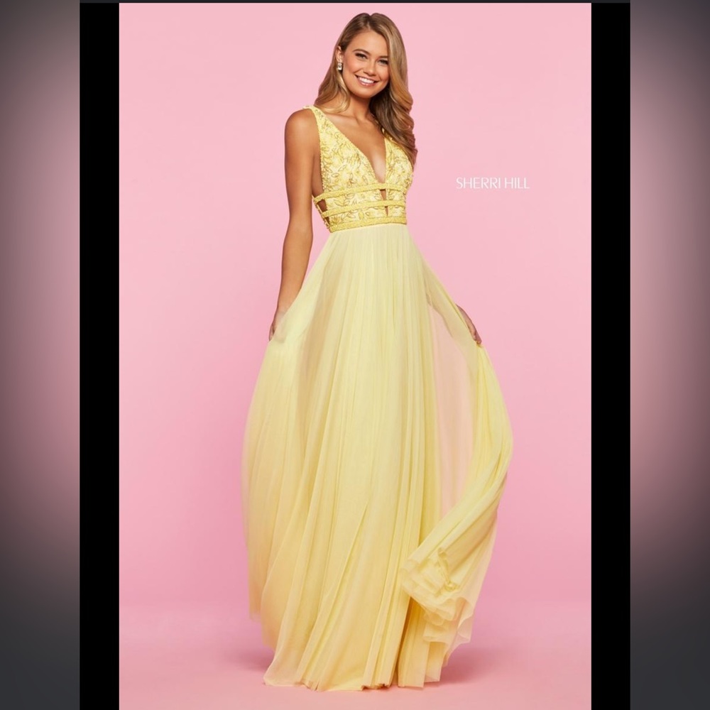 Yellow Sherri Hill Beaded Prom Dress